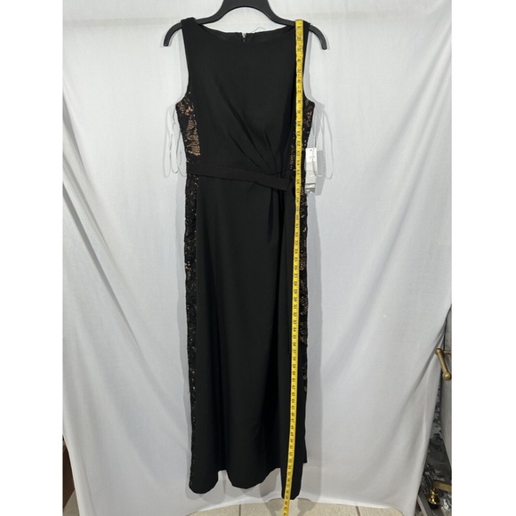 NWT $268 Kay Unger‎ [ 4 ] Belted Crepe Lace-Side Gown in Black Tan - Picture 3 of 15